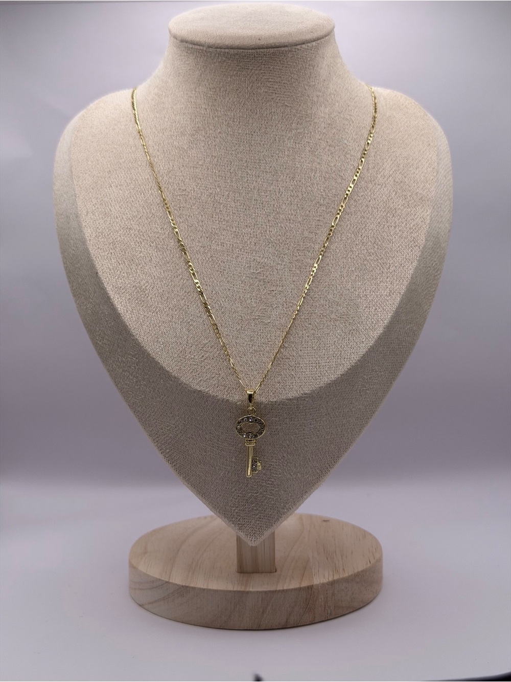 14K Gold Plated Key Pendant Necklace | Crystal Key Charm on Figaro Chain 17.5"